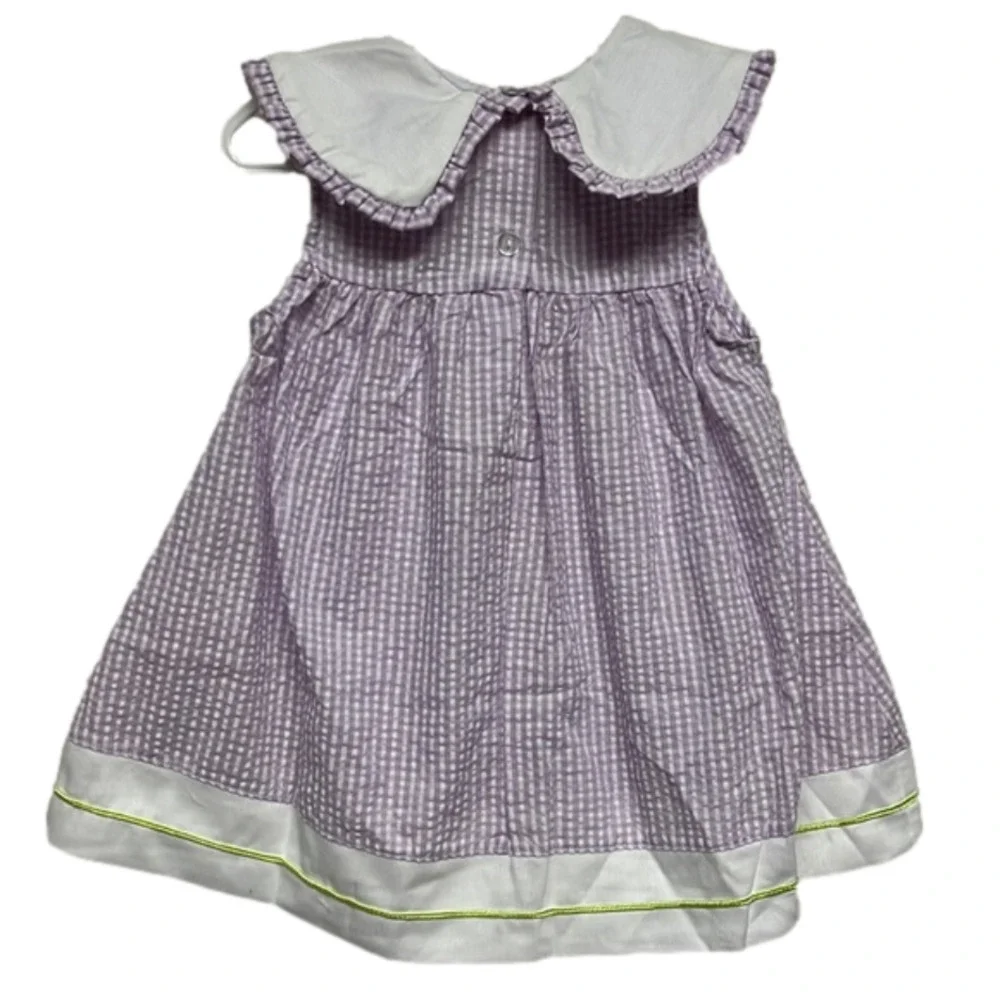Vintage 6 Month Cotton Dress Purple White Green Floral Gingham Peter Pan Collar - Picture 2 of 7